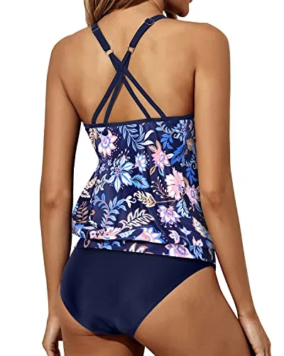 Adjustable Shoulder Straps Tankini Swimsuits-Blue Floral