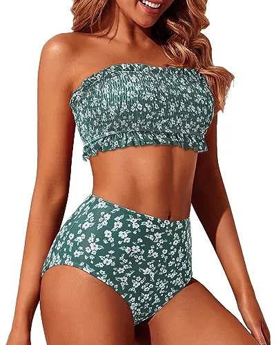 Bandeau Smocked Top & High Waist Bikini Set