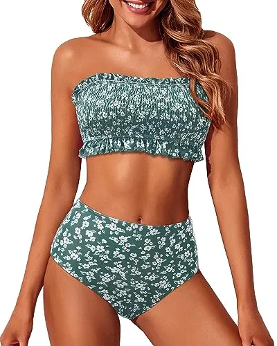 Bandeau Smocked Top & High Waist Bikini Set