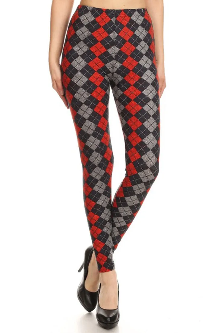 Black Red Grey Argyle Design Leggings