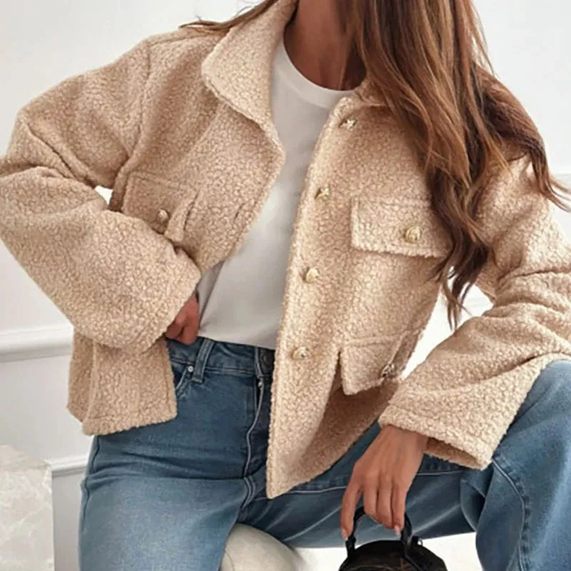 Büro Dame lässig Pendler Outwear Mode drehen Kragen Knopf Woll mäntel elegante solide Langarm Dicke warme Jacke