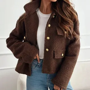 Büro Dame lässig Pendler Outwear Mode drehen Kragen Knopf Woll mäntel elegante solide Langarm Dicke warme Jacke