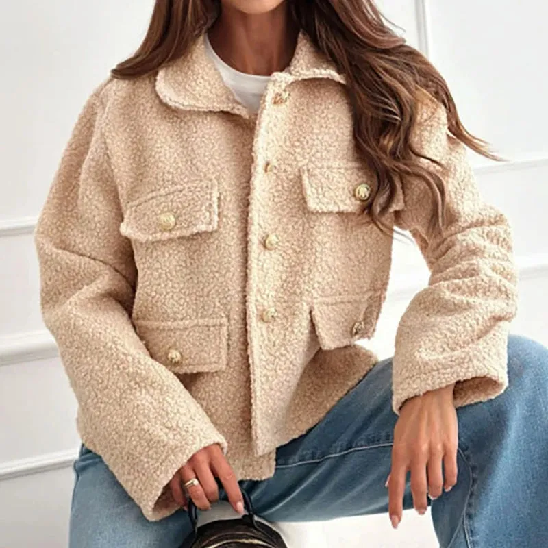 Büro Dame lässig Pendler Outwear Mode drehen Kragen Knopf Woll mäntel elegante solide Langarm Dicke warme Jacke