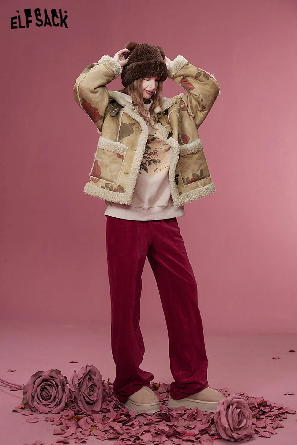 ELFSACK Graphic Cotton Jackets Women 2023 Winter New Luxury Designer Outwears