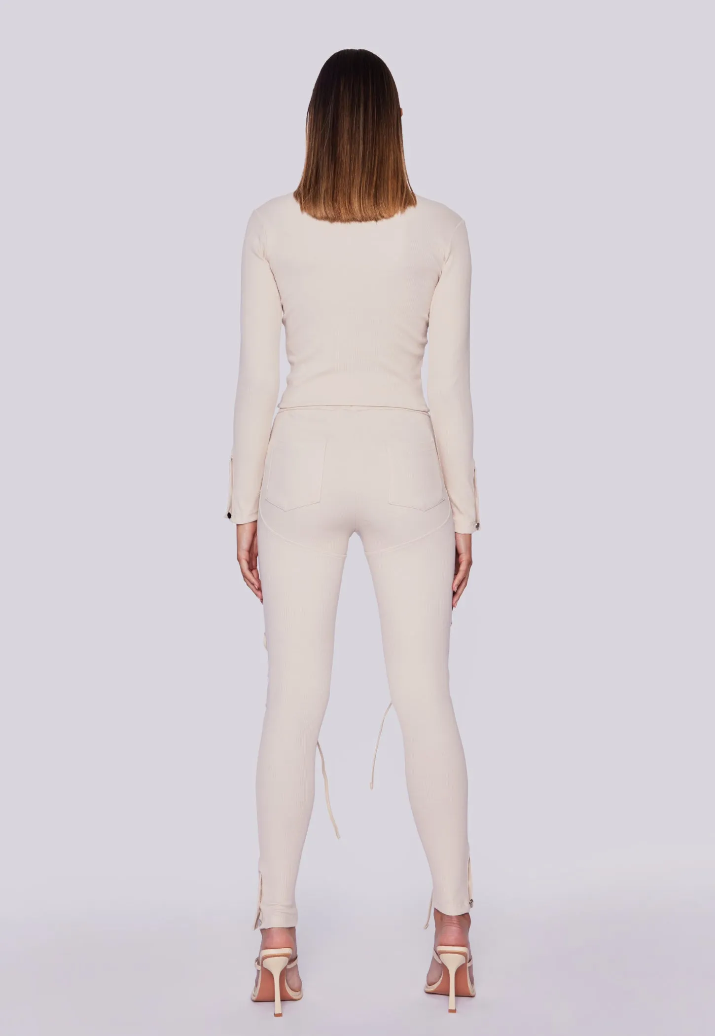 Front Laced High Waisted Ribbed Leggings - Sand