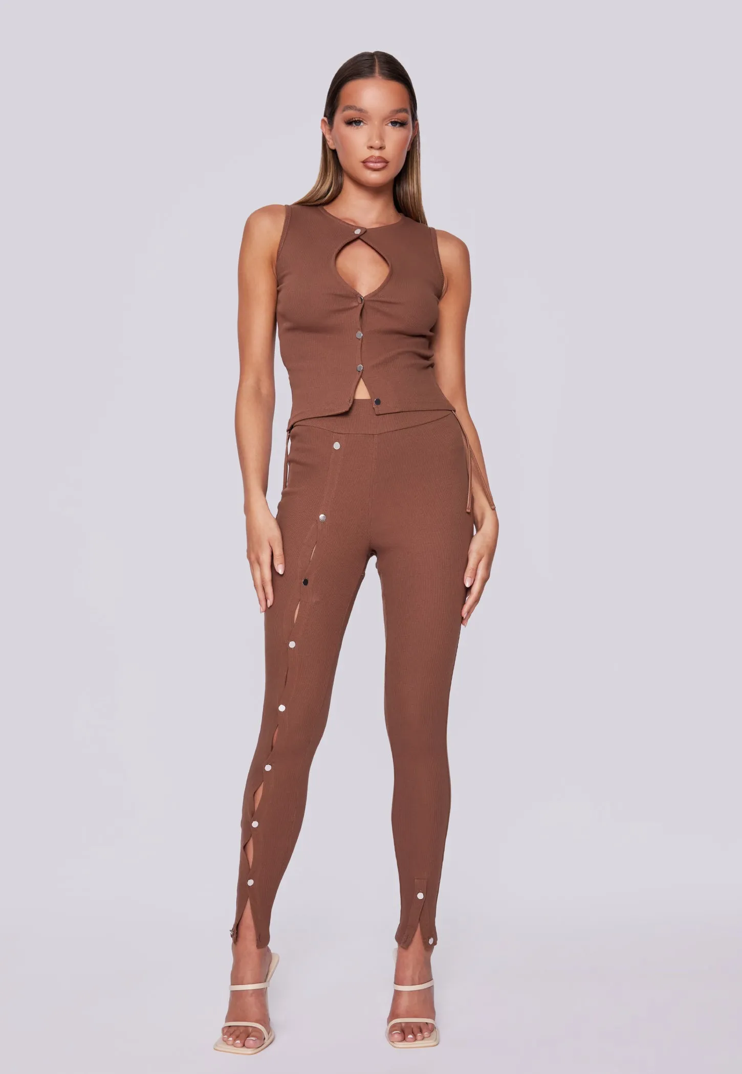 High Waisted Button Up Ribbed Leggings - Brown
