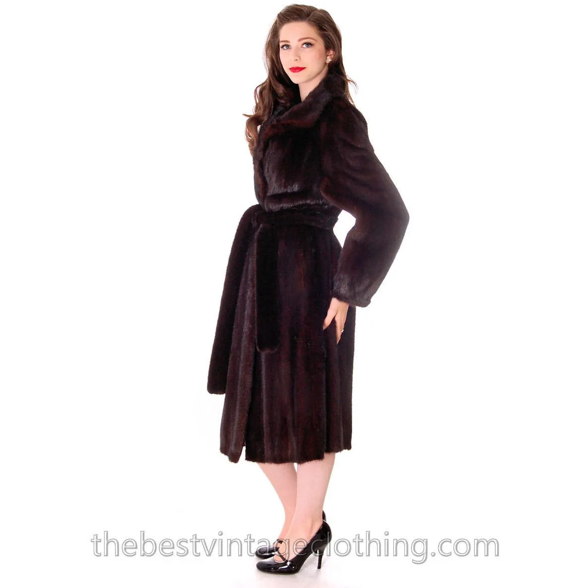 Vintage Espresso Black Mink Belted Full Length Coat Roland Forgues Medium-Large