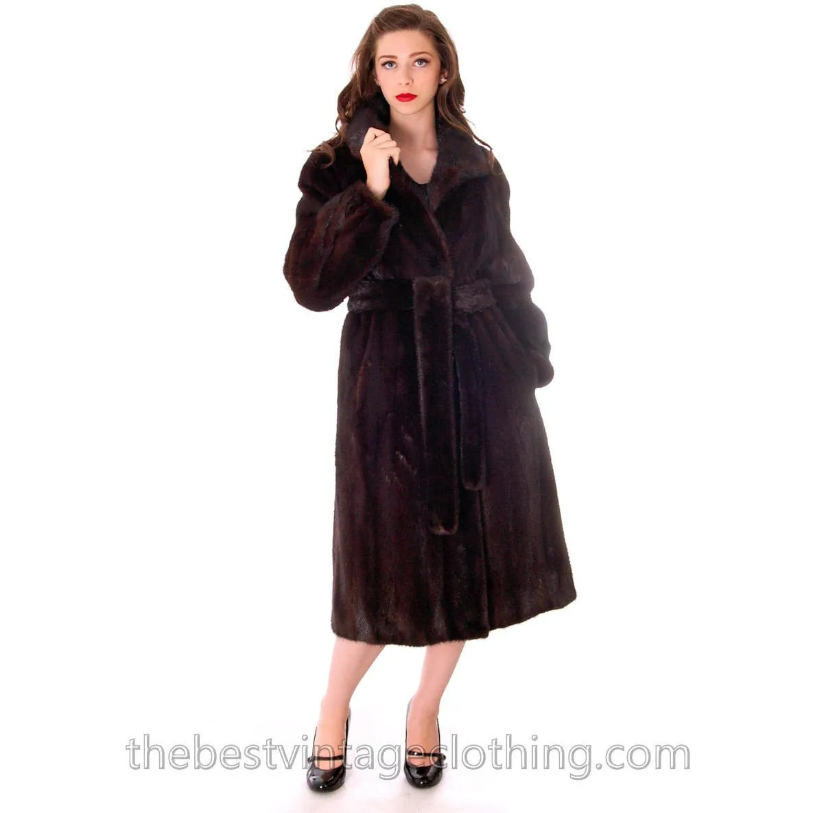 Vintage Espresso Black Mink Belted Full Length Coat Roland Forgues Medium-Large