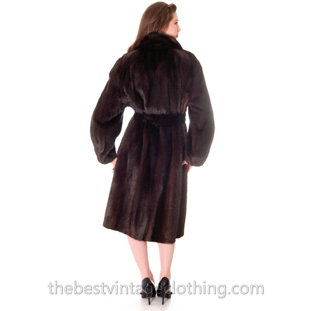 Vintage Espresso Black Mink Belted Full Length Coat Roland Forgues Medium-Large