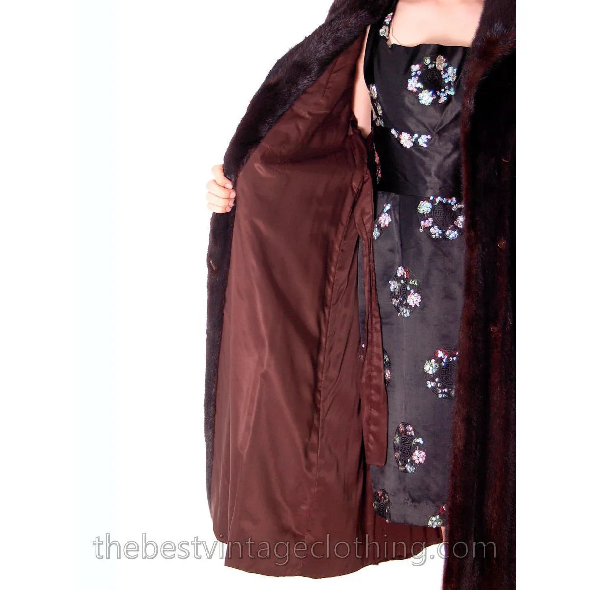 Vintage Espresso Black Mink Belted Full Length Coat Roland Forgues Medium-Large