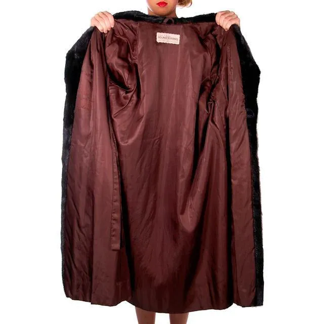Vintage Espresso Black Mink Belted Full Length Coat Roland Forgues Medium-Large